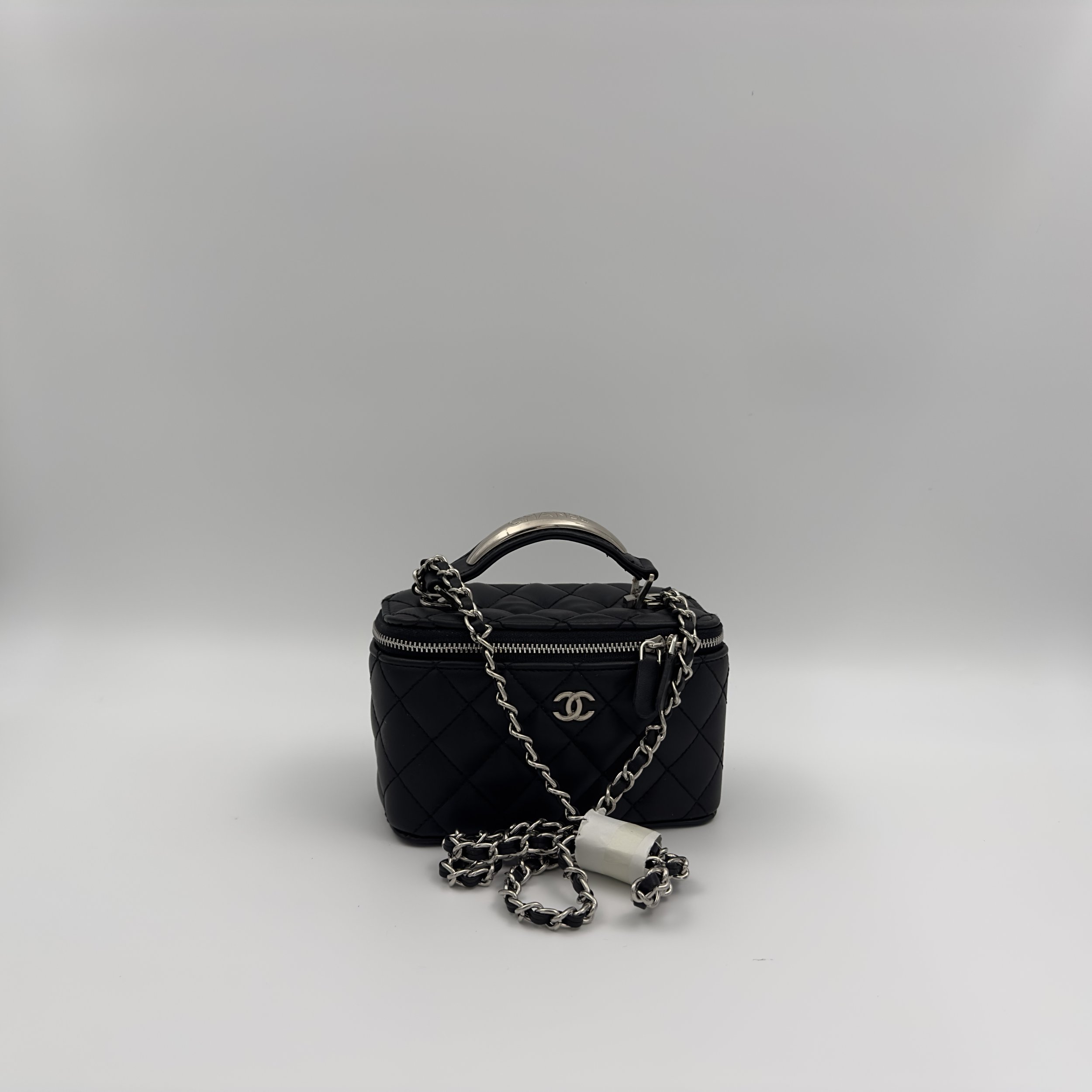 Chanel Black Quilted Calfskin Top Handle Vanity Case Silver