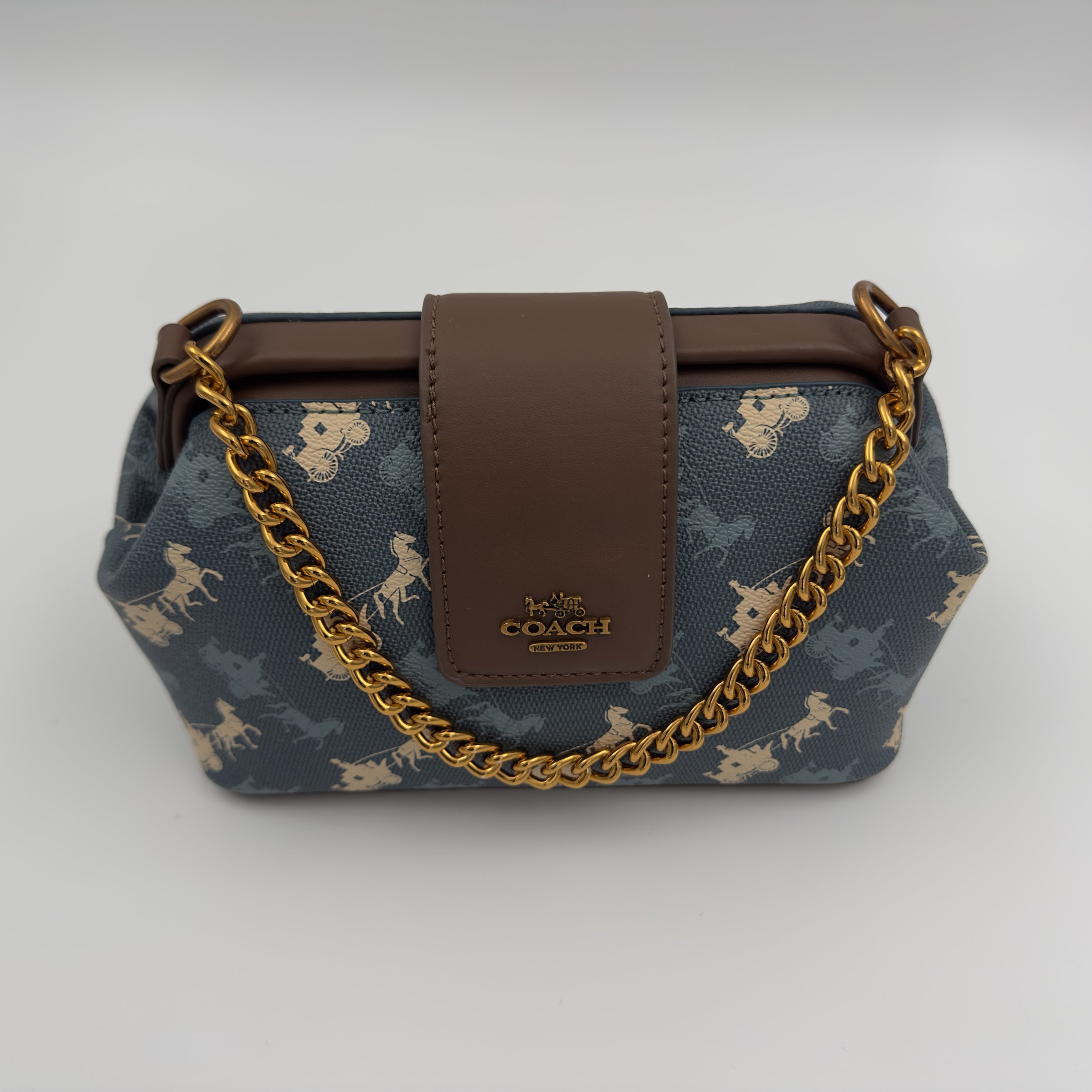 Coach Double Frame Bag 19 in Signature Canvas with Horse and Carriage Print.